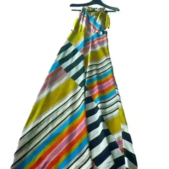 Y2K Vintage Rare Halter Maxi Slip Dress Open Back Flowy Silky Boho Stripe Caché - Picture 2 of 12